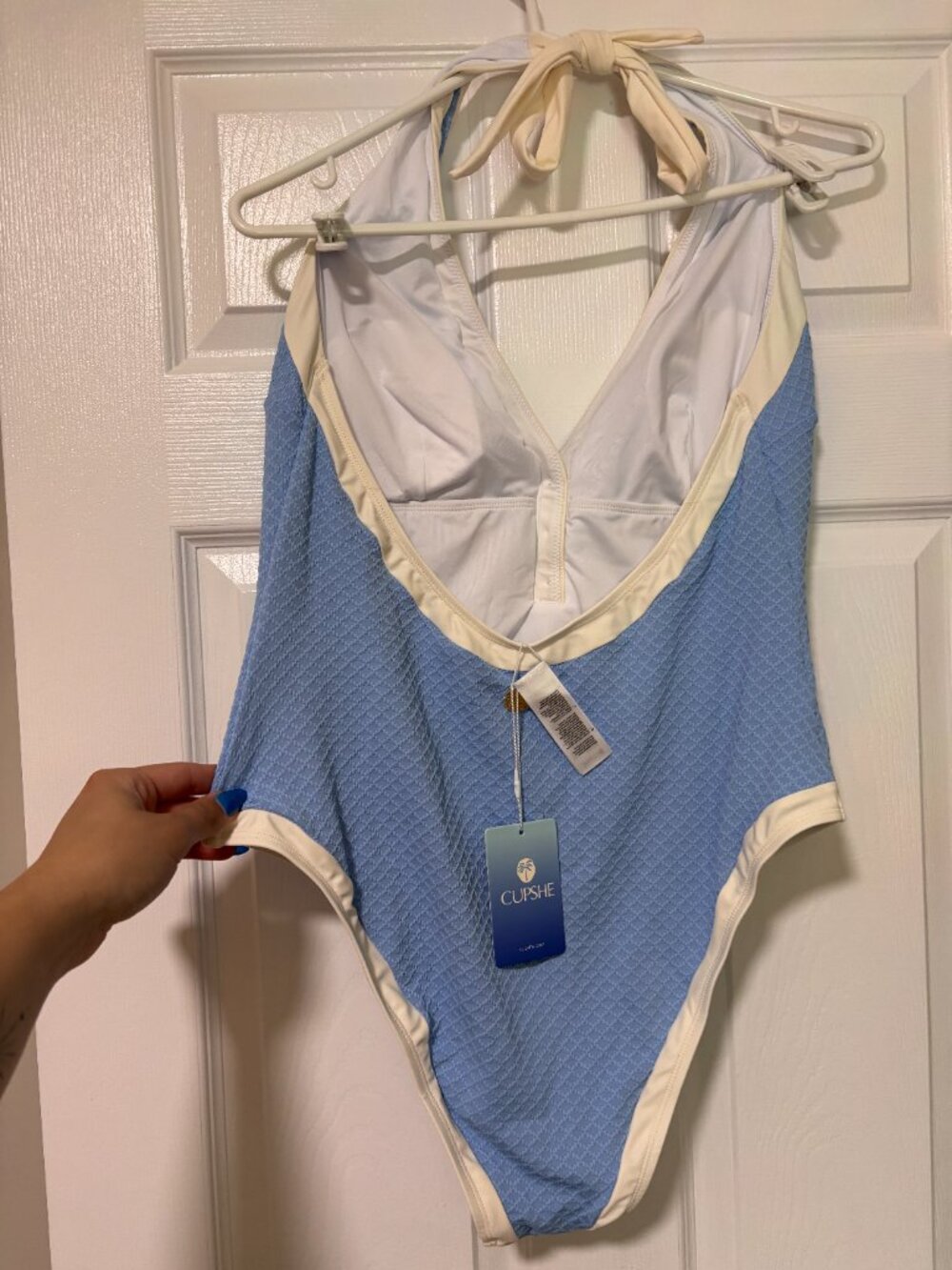 Light Blue Textured One-Piece Swimsuit | Gold Button Halter | NWT (XL) - Picture 8 of 8